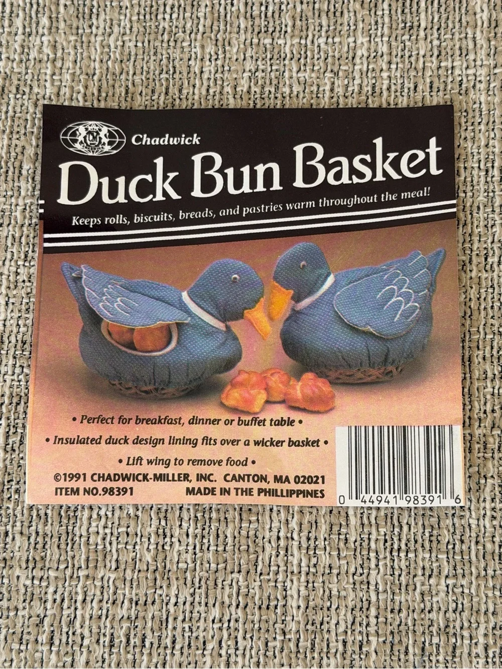 NWT Vintage Cottagecore Chadwick Mallard Duck Bun Basket Wicker Bread Warmer NOS